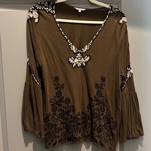 Lucky Brand Olive colored Blouse with Floral Embroidery
